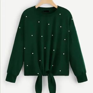 Crew Neck Tie Front Pearl Pullover Sweater Green